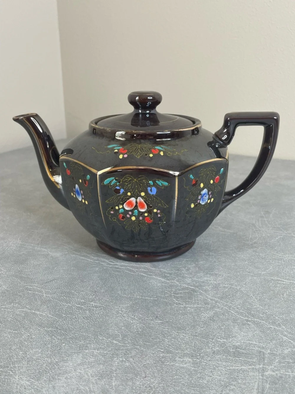 Vintage Mid-Century Japanese Moriage Dark Brown Ceramic Teapot Floral Design
